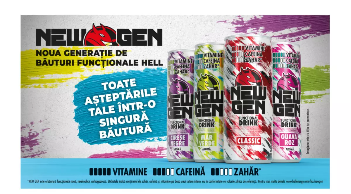 Cele 4 noi doze Hell New Gen. Fiecare aroma are o culoare proprie: Classic - rosu, Mar verde-verde, Cirese negre - violet, Guava roz - roz. New Gen, Noua generatie de bauturi functionale HELL. Toate asteptarile tale intr-o singura bautura