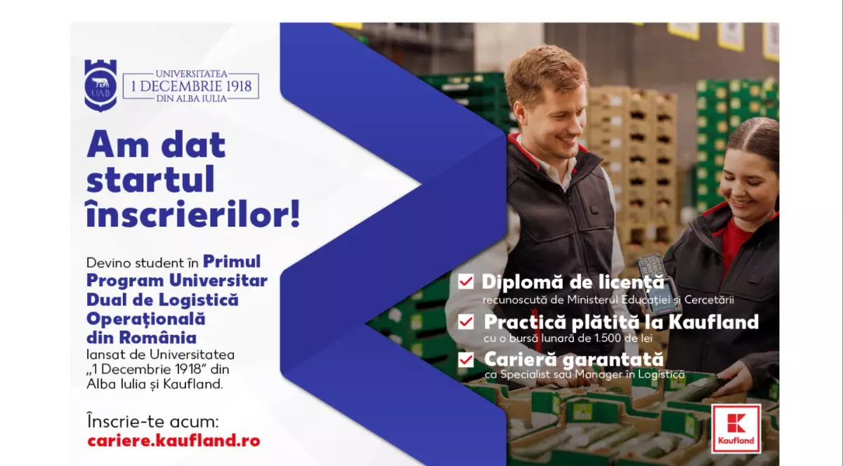 Am dat startul inscrierilor! Devino student in primul program dual de logistica operationala din Romania lansat de Universitatea 1 Decembrie 1918 din Alba Iulia si Kaufland.
