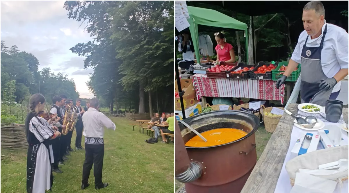Muzicanti imbracati in costume traditionale romanesti, cantand afara, la Muzeul Astra. In poza din dreapta, un ceaun cu mancare si mai multi oameni