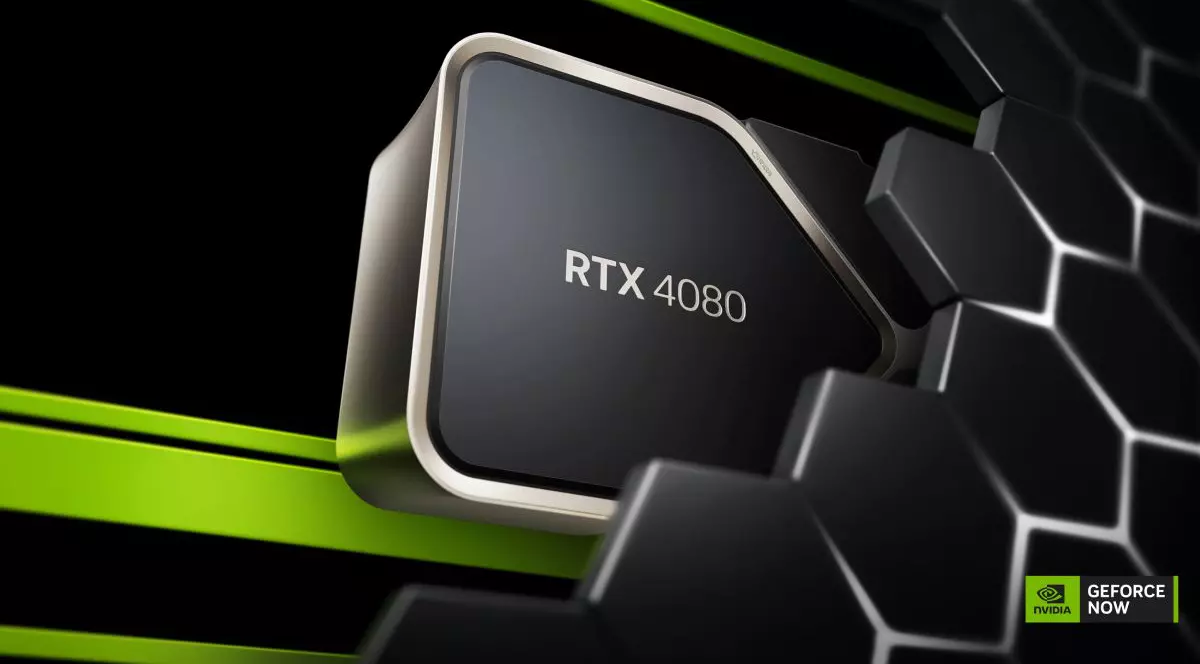 Poza de publicitate pentru NVIDIA GeForce NOW, care afișează o placă video GeForce RTX 4080 în fața unui fundal negru cu verde.