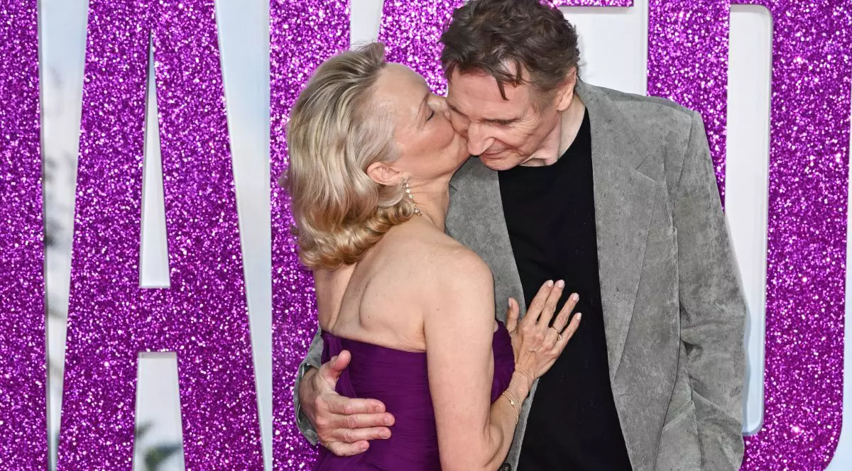 Pamela Anderson and Liam Neeson posing for photographers during the UK premiere of The Naked Gun on July 22, 2025. The event took place at the Odeon Luxe in Leicester Square, drawing large crowds and media attention. Photo by Stuart Hardy/ABACAPRESS.COM