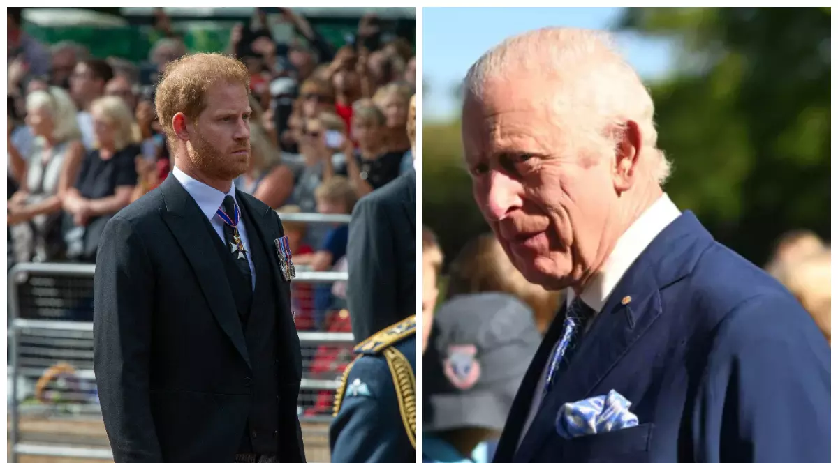 Prințul Harry în partea stângă și Regele Charles în partea dreaptă