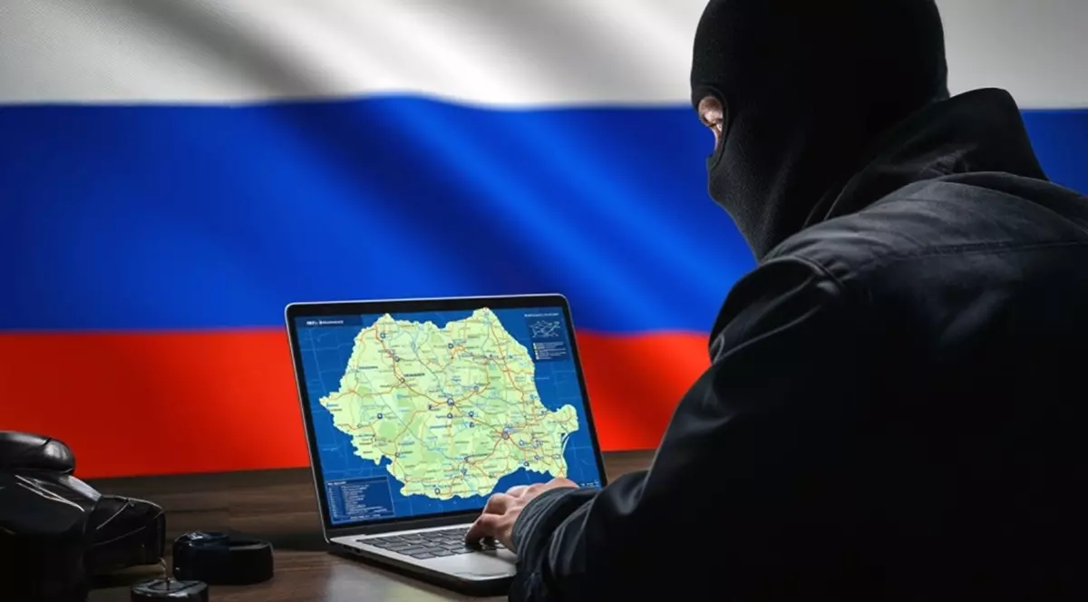 un agent rus cu cagula se uita pe ecranul unul laptop pe care este harta romaniei, iar pe fundal steagul rusiei. Foto ilustrativ