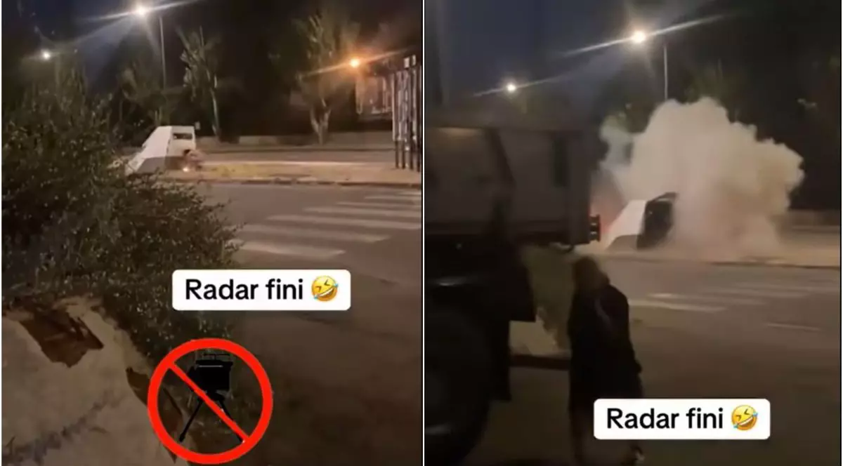 În stânga, un radar fix pe un drum din Franța, iar în dreapta, o explozie a radarului