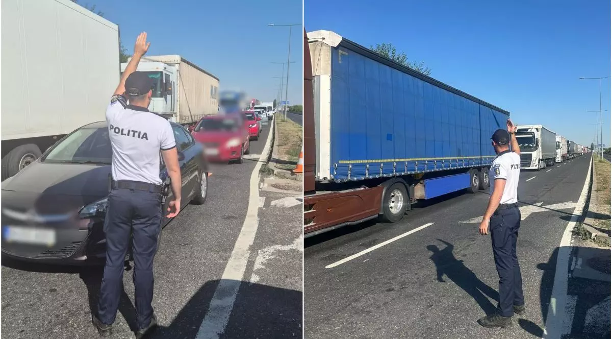 Un polițist de la Circulație face semn cu mâna și dirijează mașinile în trafic, la vama Giurgiu-Ruse, zona Podul Prieteniei, unde sunt restricții. S-a adunat autoturisme în coloană, 4 iulie 2025