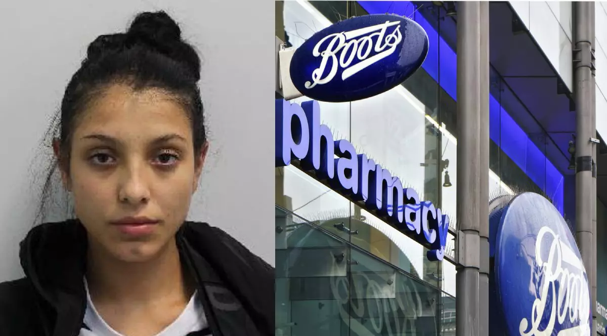 O tânără brunetă, cu tricou alb și bluză neagră/ Sigla farmaciei Boots din Londra