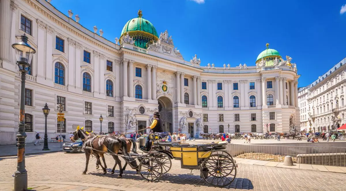 Un bărbat cu o trăsură cu cai la Hofburg, Viena, într-o zi însorită