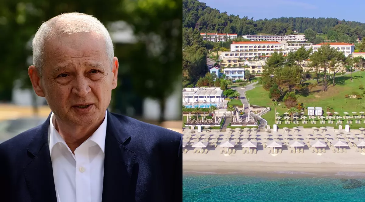 Stânga: Sorin Oprescu îmbrăcat la costum, în Roomânia, în dreapta este resortul de lux din Grecia în care s-a cazat Sorin Oprescu, hotelul are mai multe clădiri și se află la malul mării cu o plajă cu nisip fin