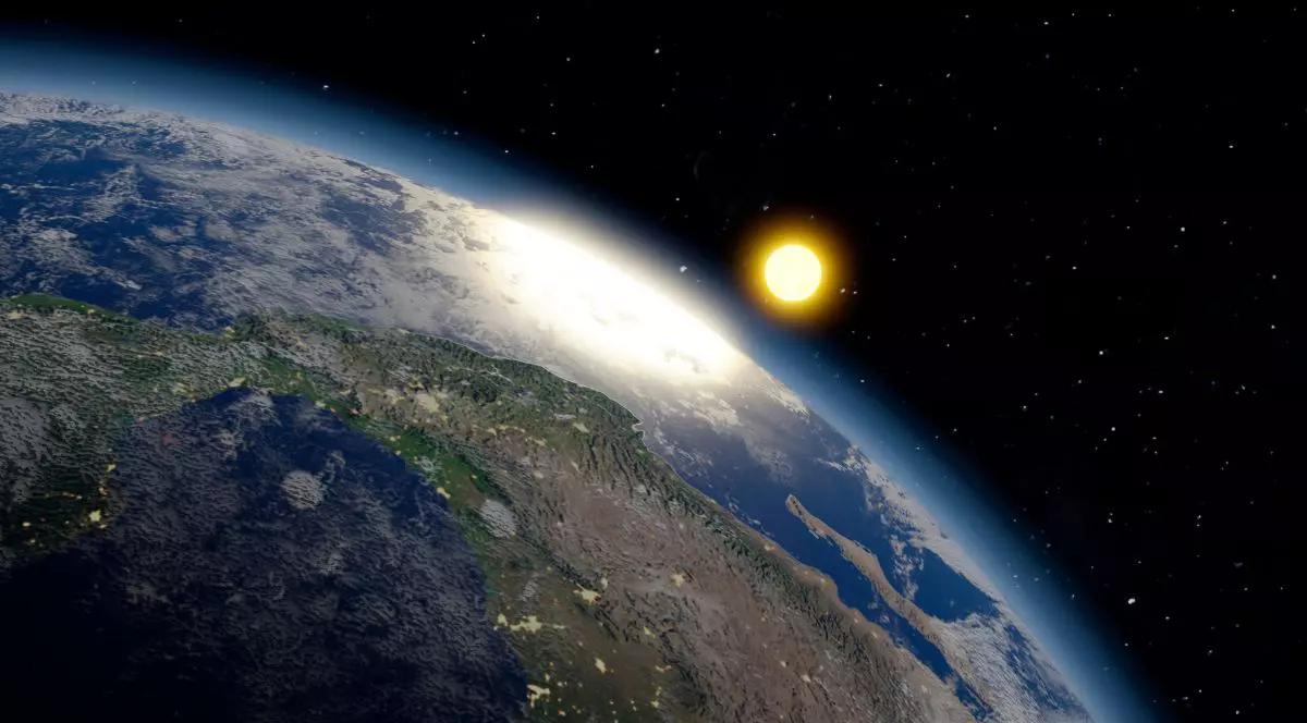 vedere din spațiu asupra Pământului, cu Soarele vizibil pe fundal