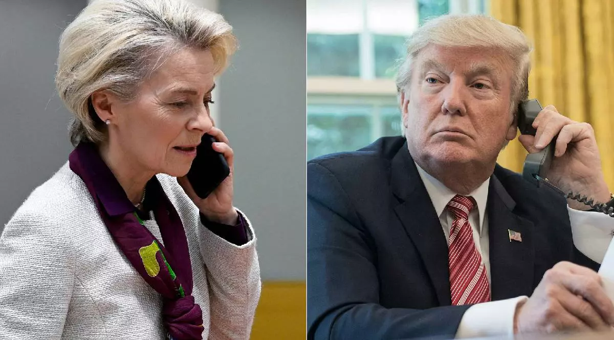 În imaginea împărțită în două Ursula von der Leyen și Donald Trump par că vorbesc unul cu celălalt la telefon