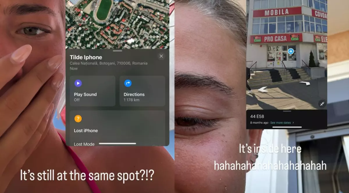 În imagine este un colaj cu cele două capturi de pe contul de Instagram al tinerei vedete de pe TikTok, unde arată imaginile cu locația în care se află telefonul său furat