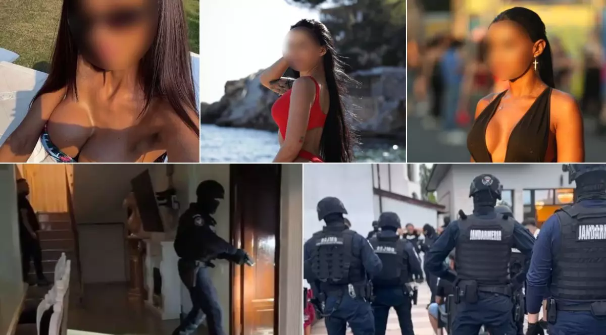 Colaj foto cu trei poze în partea de sus în care apar fețele blurate ale trei femei, îmbrăcate în costume de baie și două poze în partea de jos cu mascați în timpul perchezițiilor