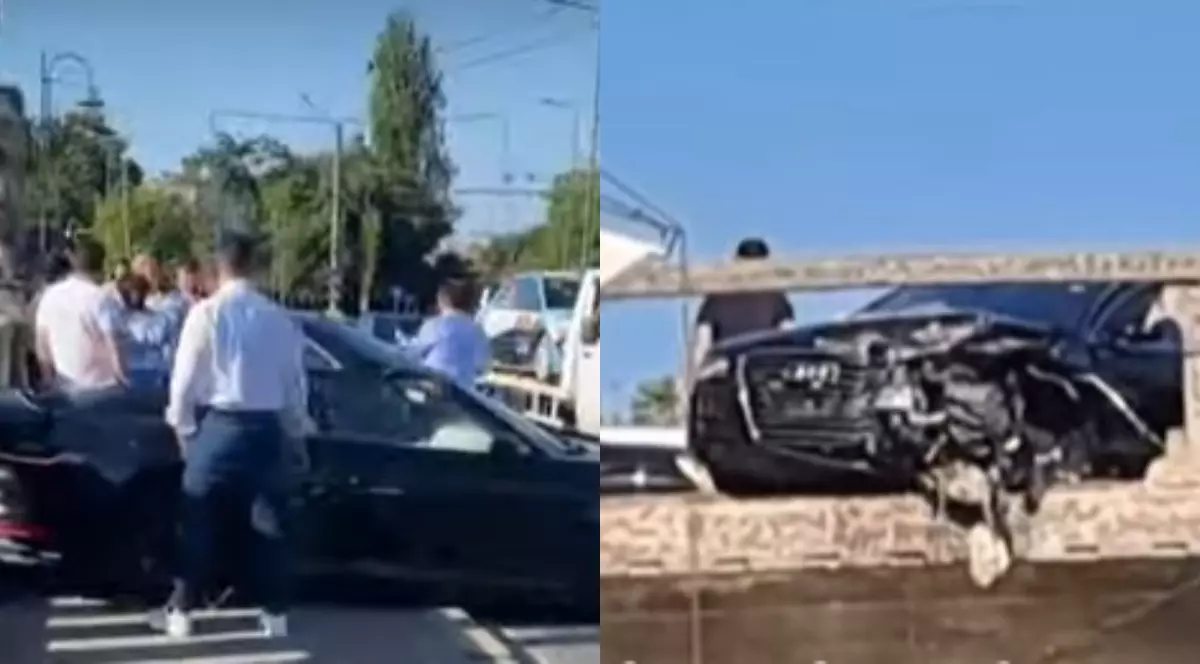 Un colaj cu imagini de la accidentul din Timișoara, una dintre mașini este orientată cu spatele spre pod și oamenii s-au adunat în jurul ei, în timp ce un alt autoturism se vede cum a rupt podul de beton și a rămas suspendat