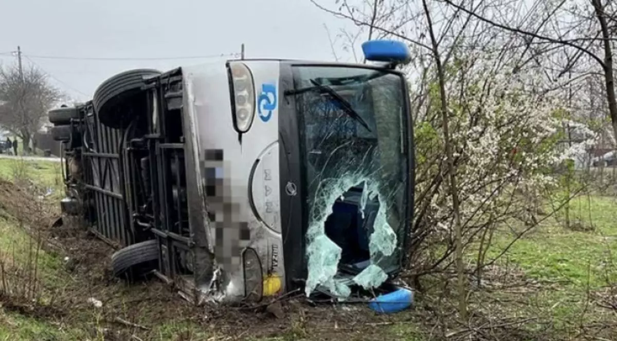 autocar răsturnat în afara carosabilului, oprit lângă un copac, cu parbrizul spart și roțile rupte