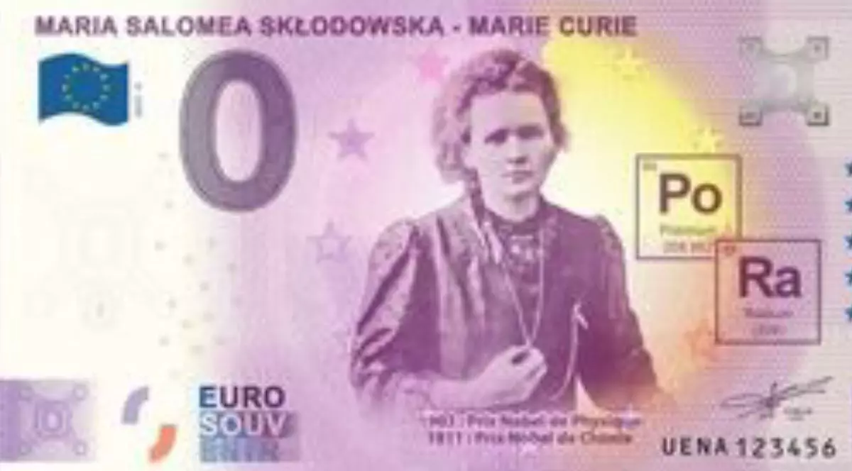 Imagine cu o bancnot[ euro, de culoare mov cu galben, cu poza renumitei Marie Curie