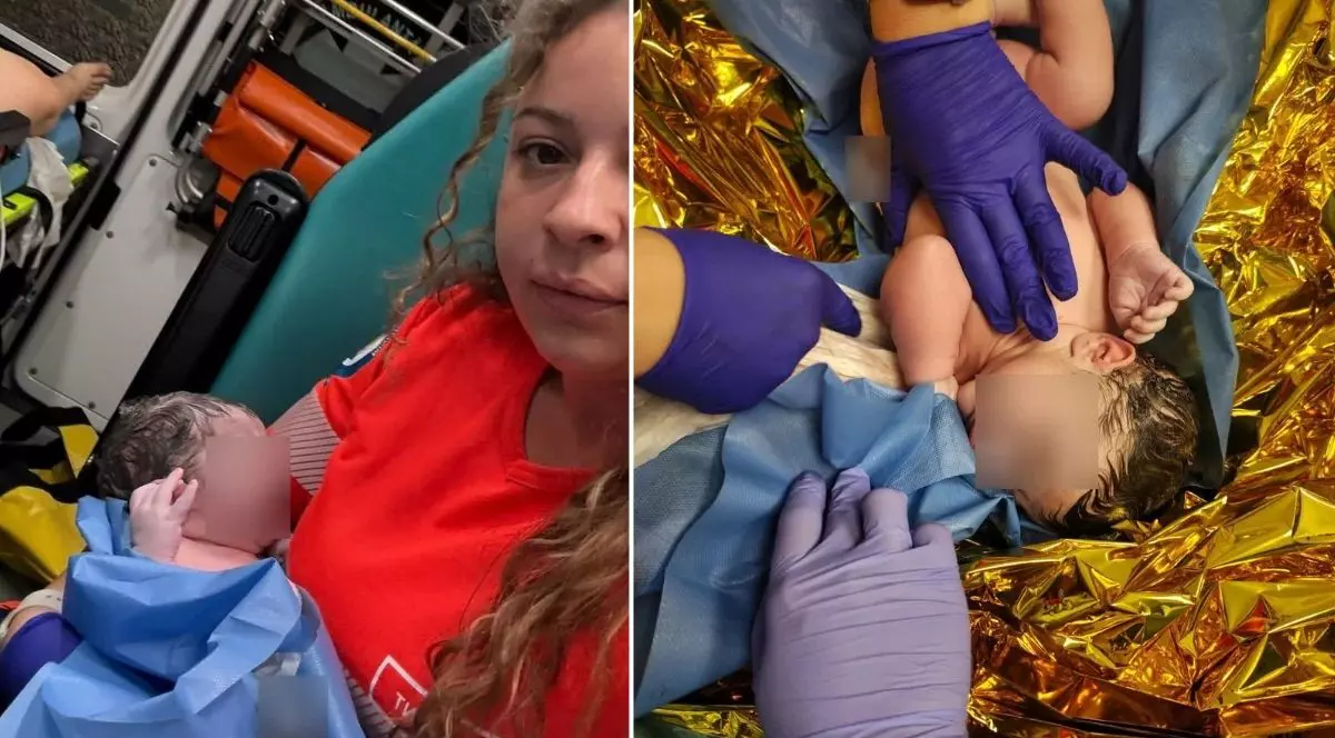 colaj foto format din două fotografii: imaginea din stânga arată o asistenta medicală, de pe ambulanța, cu un copil nou-născut în brațe, iar imaginea din dreapta arată bebelușul cu prosoape în jurul său, stând de o folie de aluminiu aurie