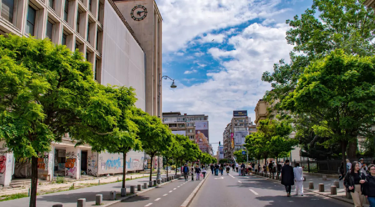 Oameni mergând pe Calea Victoriei