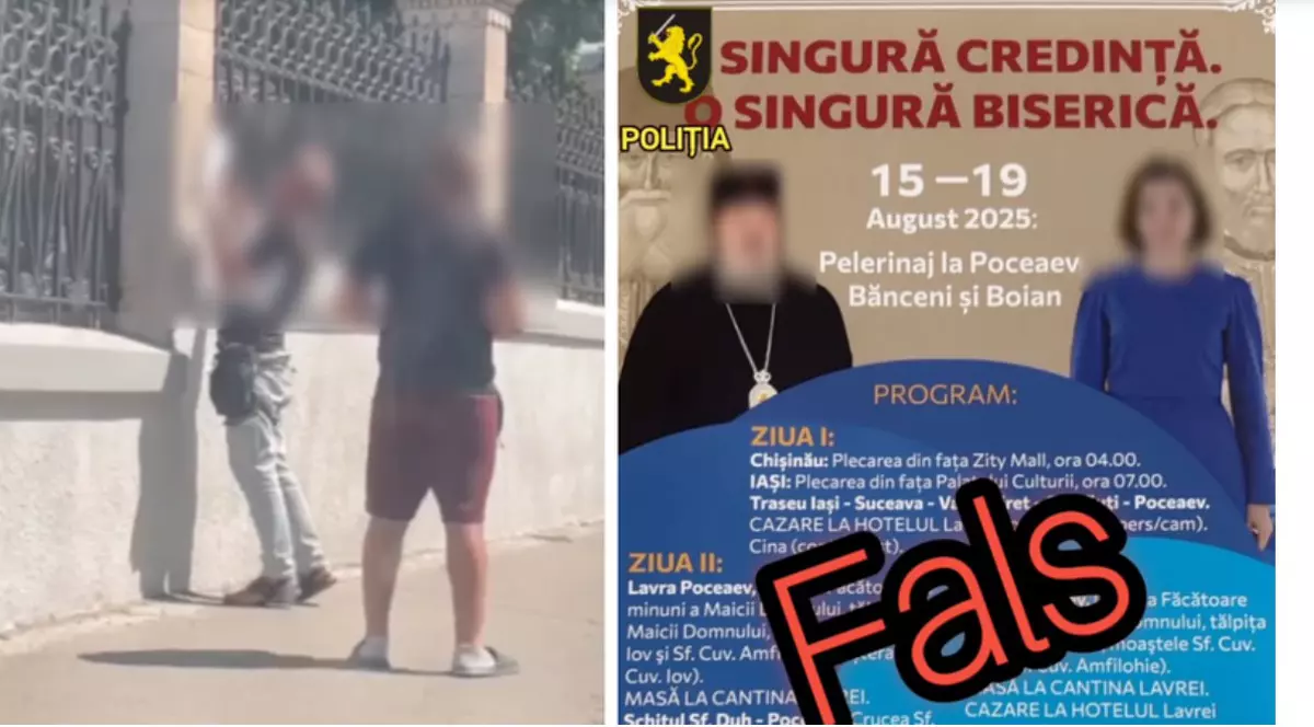 Cetățeni străini reținuți în timp ce lipeau afișe false cu mitropolitul Basarabiei și Maia Sandu Captură foto Poliția RM via TVR Moldova