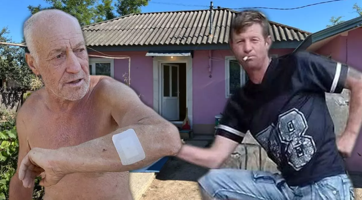 Un colaj foto în care în stânga este un tată bătrân din Iași, cu un pansament lângă cot, iar în dreapta, fiul său cu o țigară în gură și care pare că-l prinde de cot. În spatele lor, se vede casa în care locuiesc, Iași