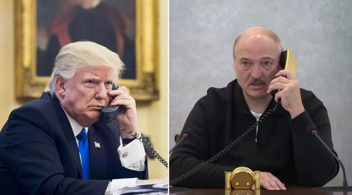 colaj foto format din două fotografii: fotografia din stanga îl arată pe donald trump, îmbrăcat într-un sacou negru, o cămașă albă și o cravată albastră, văzut din profil în timp ce vorbește la un telefon fix în biroul oval iar fotografia din dreapta îl arată pe Aleksandr Lukașenko, îmbrcăcat într-un hanorac negru, vorbind la un telefon fix în biroul de criză al belarusului