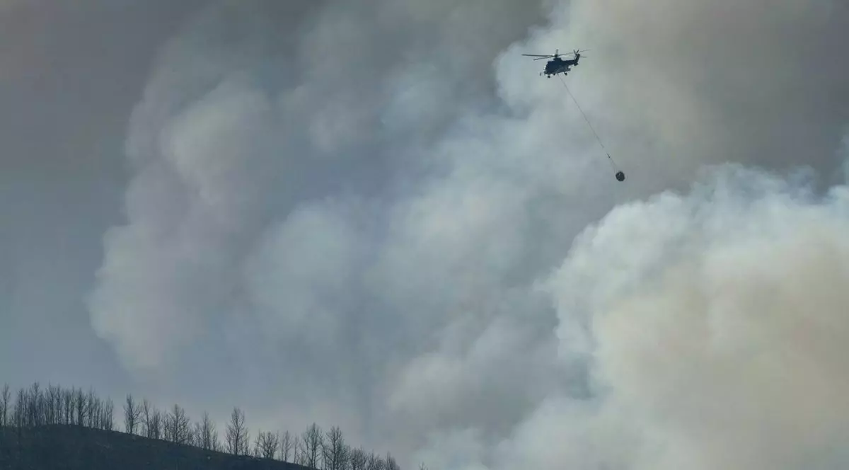 Elicopter pentru stingerea incendiilor, care poartă agățat un obiect rotund, suspendat de o coardă lungă. O mare parte din imagine este ocupată de nori groși de fum, de nuanțe gri. În partea de jos, pe orizontală, apare o colină sau un deal cu vârful marcat de contururile subțiri ale unor copaci fără frunze, rari și răsfirați.