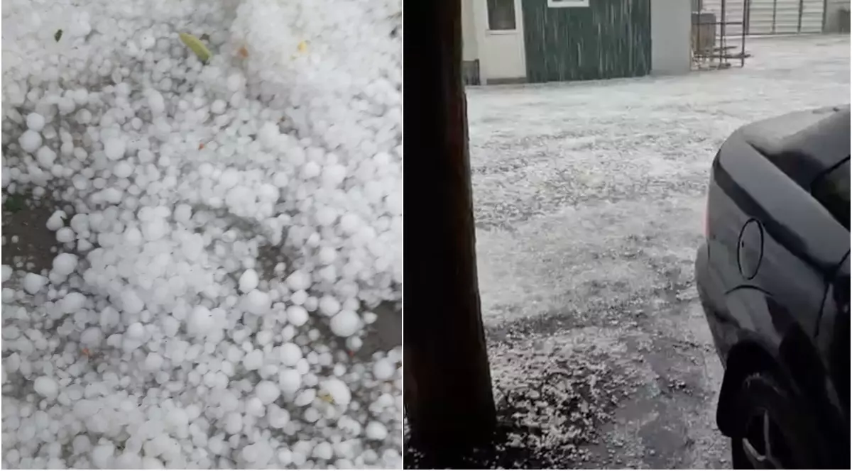 Două imagini în care se observă cum plouă cu grindină