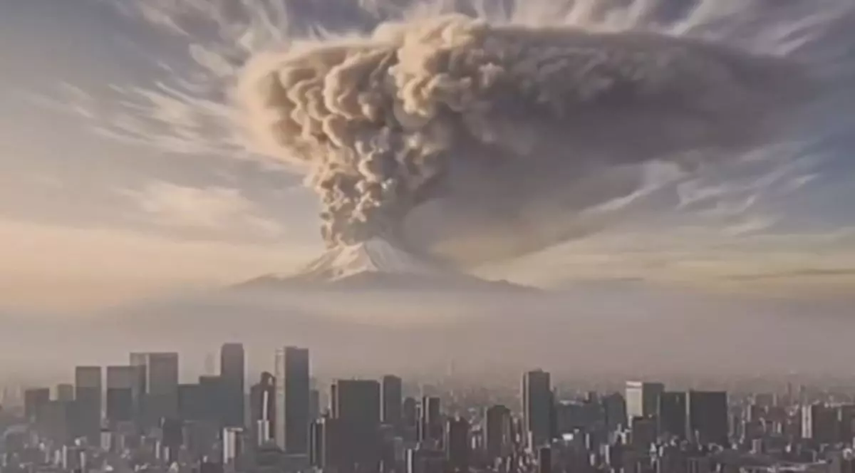 muntele fuji, fumegând și arucând în aer un nor gros de fum, văzut di Tokyo, desupra clădirilor