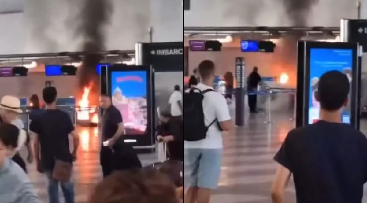 Colaj cu două imagini din aeroportul din Milano, acolo unde se vede cum flăcările au cuprins un chioșc de check-in. Oamenii privesc uimiși ce se întâmplă, în timp ce alte persoane fug disperate în toate părțile
