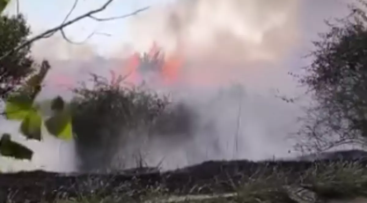 Incendiu de vegetație în desfășurare, cu flăcări vizibile și mult fum dens care se ridică în aer, în Galați, pe 9 august 2025