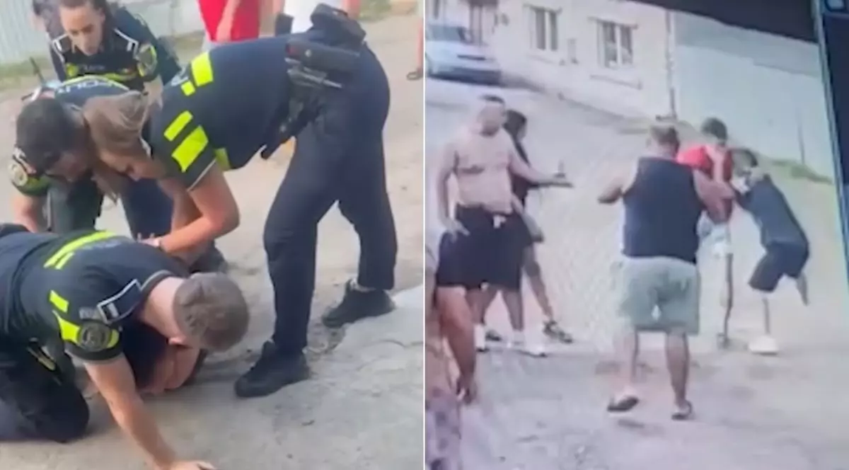 Colaj foto cu două poze: în stânga polițiști îmbrăcați în uniforme care imobilizează un suspect, iar în dreapta, mai mulți bărbați filmați de o cameră de supraveghere pe stradă