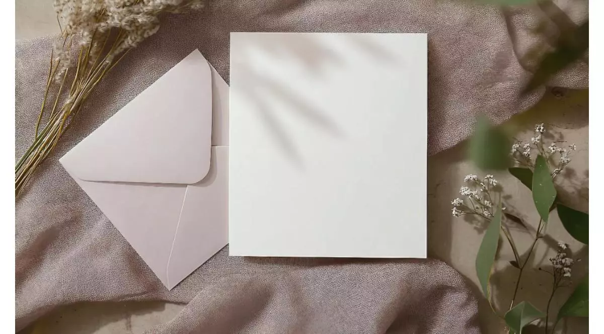 O invitatie de nunta si un plic asezate pe mijlocul unei fete de matase