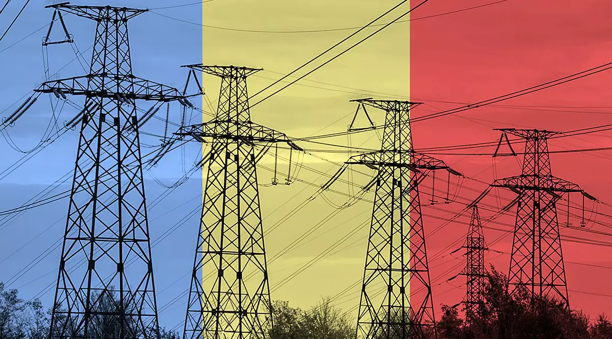Linie electrică și steagul României.(2) Criză energetică. Conceptul de criză energetică globală. Creșterea consumului de energie electrică shutterstock_2224282695