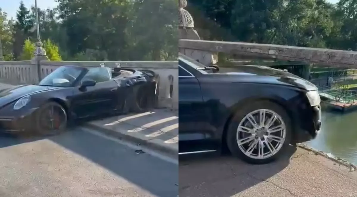 Un colaj cu cele două mașini lovite la Timișoara, un autoturism a intrat cu fața în pod și a rupt mai multe balustrade din beton, cel de-al doilea autoturism a ricoșat cu spatele în podul din Timișoara