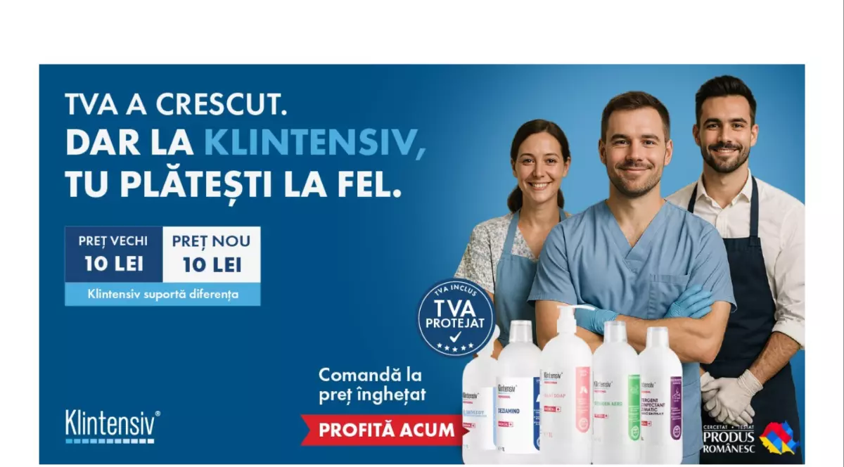 Klintensiv - vizual un text in colt stanga sus, avand in dreapta trei oameni(2 barbati si o femeie) si produsele de curatenie in fata lor