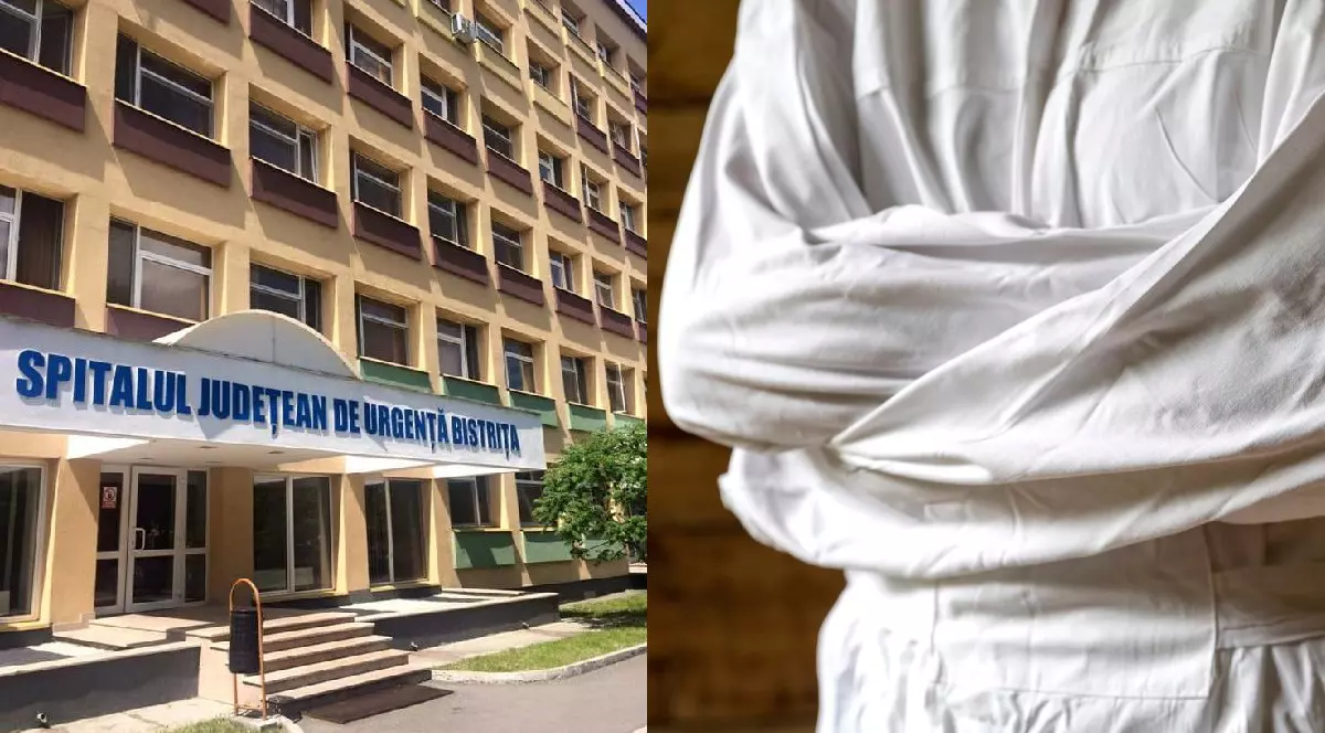 Clădirea Spitalului de Urgenta Bistrita/ Pacient în cămașă de forță