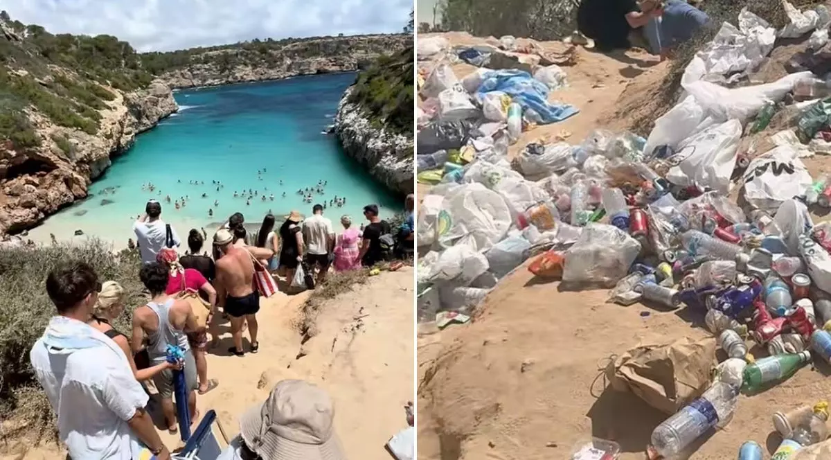 colaj foto format din 2 fotografii: fotografia din stânga arată o coadă de turiști în fața unui golf cu apă azurie și imaginea din dreapta arată o gramădă de sticle de plastic pe nisip