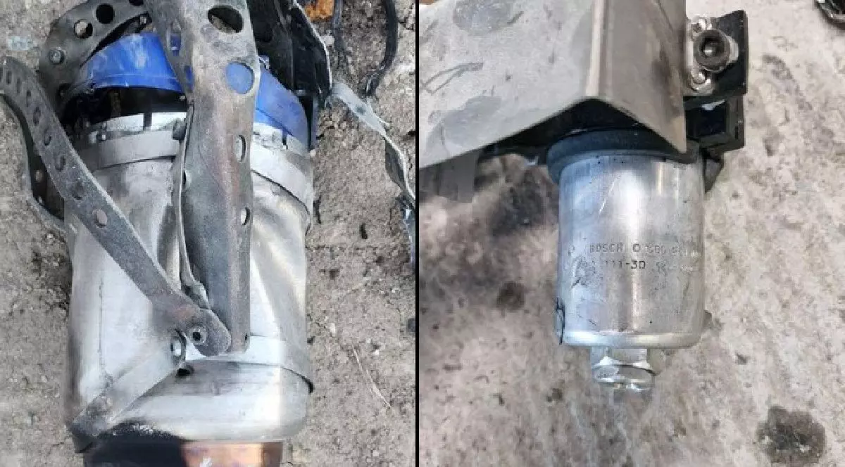 In imagine se observa resturile unor drone Shahed folosite de Rusia in atacarea Ucrainei. Pe una din piese se poate citi numele firmei Bosch dovada prezentei pieselor occidentale in dronele Rusiei