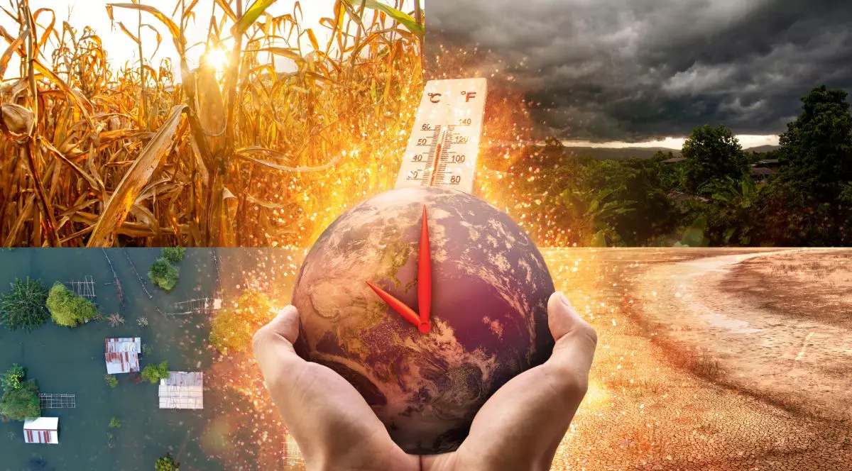 Imagine creativă despre schimbări climatice, în centru Pământul înconjurat de o cupolă de căldură, ținut în două mâini, în stânga sus un lan de grâu, în dreapta sus o furtună cu nori negri, în dreapta jos un deșert uscat și în stânga jos o localitate inundată