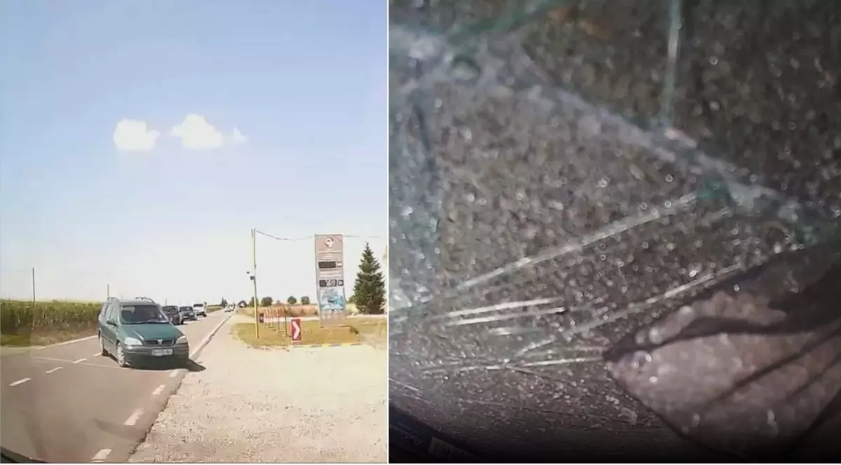 O mașină vine de pe contrasens și virează stânga, iar lângă este o imagine cu geamul spart al altui autoturism pe care l-a lovit, 31 iulie 2025