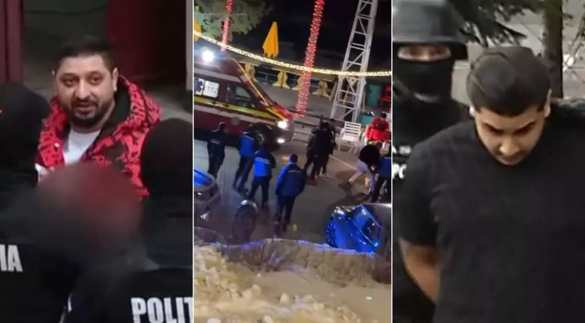 Colaj foto cu trei fotografii: în stânga unul dintre suspecții crimei de la Padina, în centru o fotografie din noaptea crimei, care arată o ambulanță SMURD și mulți oameni adunați, iar în dreapta un alt suspect flancat de un mascat al Poliției