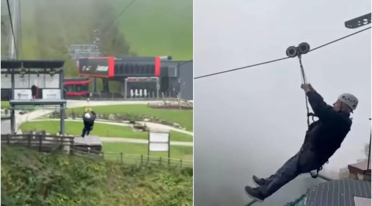 În stânga, momentul când un bărbat de 83 de ani ajunge cu tiroliana la capăt, iar în dreapta, momentul când se lansează, în Valea Aurina, Italia, august 2025