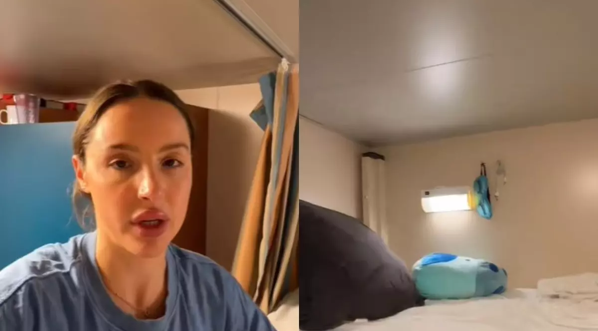 Colaj cu tânăra care lucrează pe un vad de croazieră și camera în care este cazata