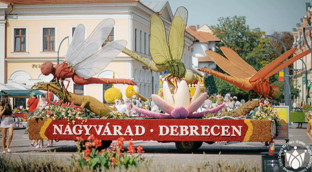 Car alegoric cu libelule, realizat din flori - Oradea, Zilele Culturii Maghiare