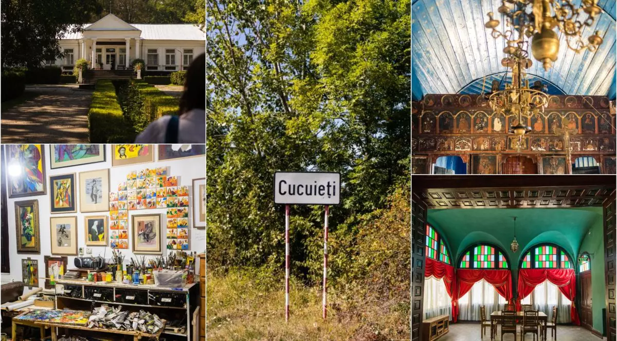 Un colaj foto, în stânga sus este muzeul George Enescu, în stânga jos casa pictorului Dumitru Macovei, în centru este un indicator care arată că acolo este satul Cucuieți, în dreapta sus este o vedere din biserica de lemn Sfinții voievozi, iar în dreapta jos, vedere din castelul Ghica, toate din Cucuieți, județul Bacău, 5 septembrie 2025