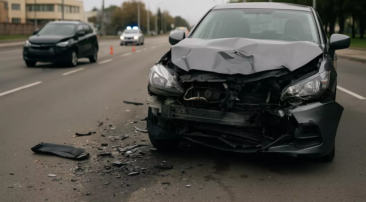Masina neagra care a suferit un accident, Partea din fata este distrusa, iar pe jos cu cioburi