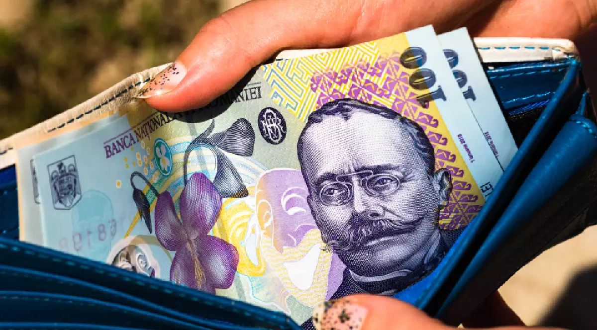 Imaginea, surprinsă de aproape, arată mâinile unei persoane care ține un portofel albastru, plin cu bani românești. În prim-plan se observă o bancnotă de 100 de lei, pe care este ilustrat portretul lui Ion Luca Caragiale și o floare, o violetă.