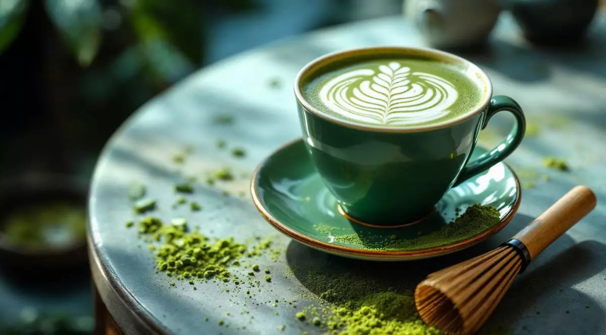 O cană cu matcha latte așezată pe o masă