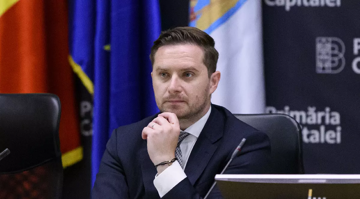 Imaginea îl prezintă pe Stelian Bujduveanu la o conferință de presă sau o întâlnire oficială. El este așezat la o masă, având o expresie serioasă și gânditoare, cu degetele de la mâna dreaptă sub bărbie. Este îmbrăcat într-un costum albastru închis, o cămașă albă și o cravată cu model. Pe mâna stângă poartă o brățară, iar pe mâna dreaptă un inel. În spatele său, se văd drapele (cel al României și al Uniunii Europene) și un panou pe care este scris 