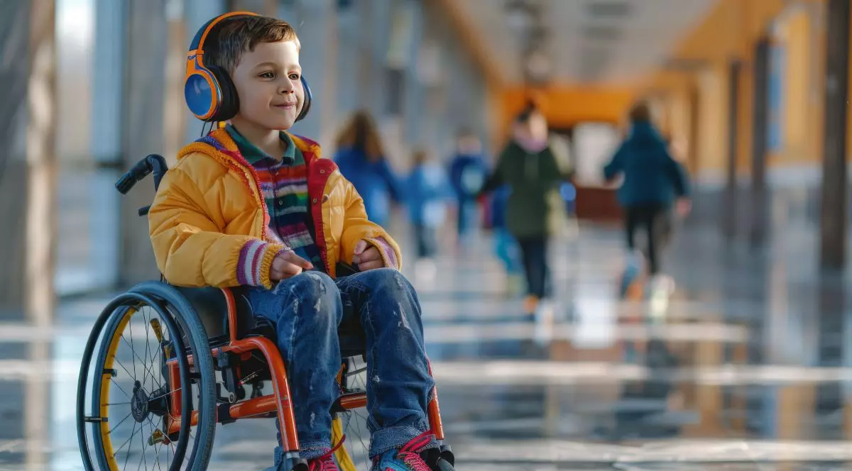 Băiețel așezat într-un scaun cu rotile, purtând căști
