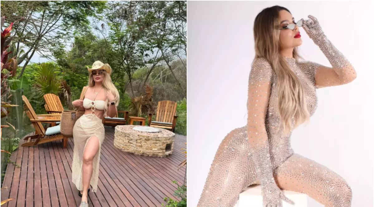 Esmeralda Ferrer Garibay, într-un colaj din două fotografii. În stânga apare într-o rochie, pe o terasă de lemn, cu o pălărie pe cap și copaci cu frunze verzi pe fundal, iar în dreapta, apare într-un costum de tip salopetă strălucitor, cu ochelari de soare la ochi